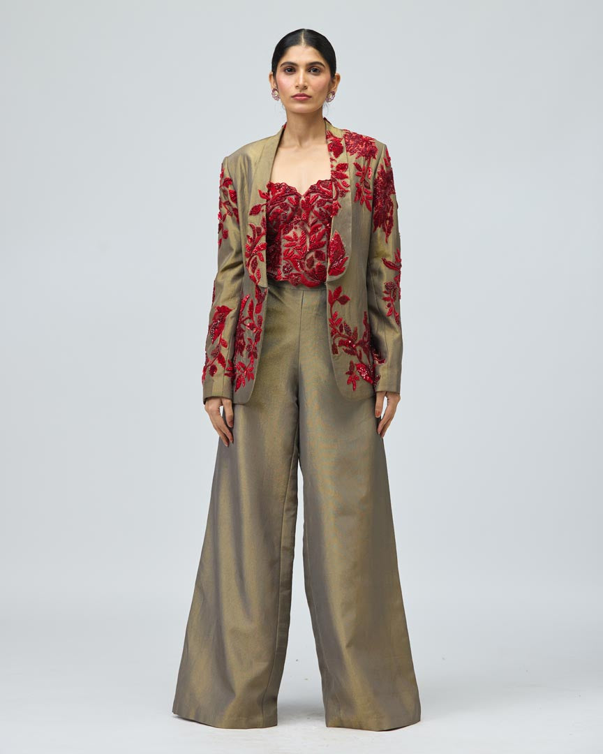 Red Stone Embellished Viscose Satin Jacket Set for Festive Glam