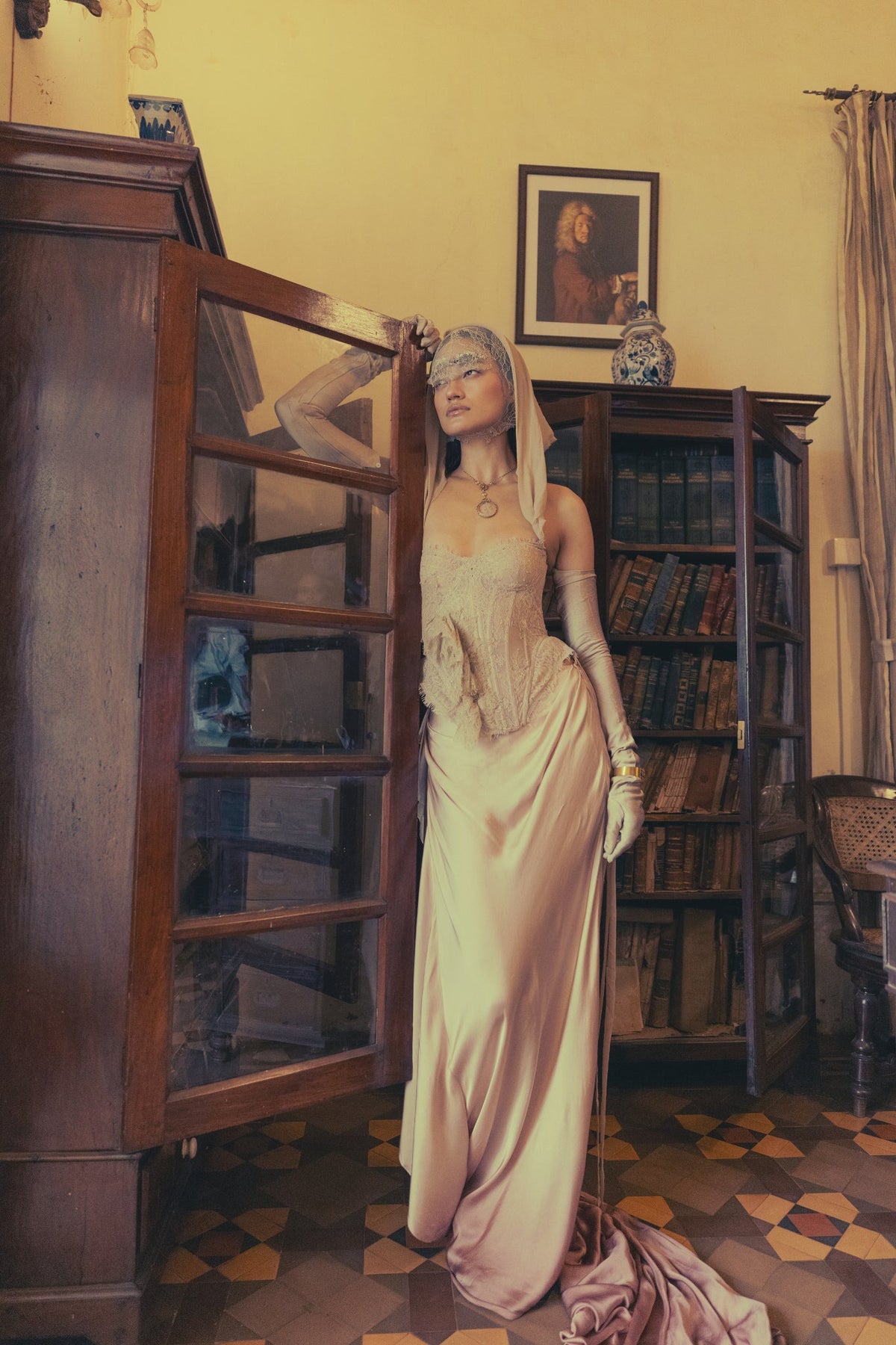Beige & Rose, Hand-Dyed Lace Detailing, French Lace & Georgette, Corset Skirt Set, Tie-Dye Silhouette