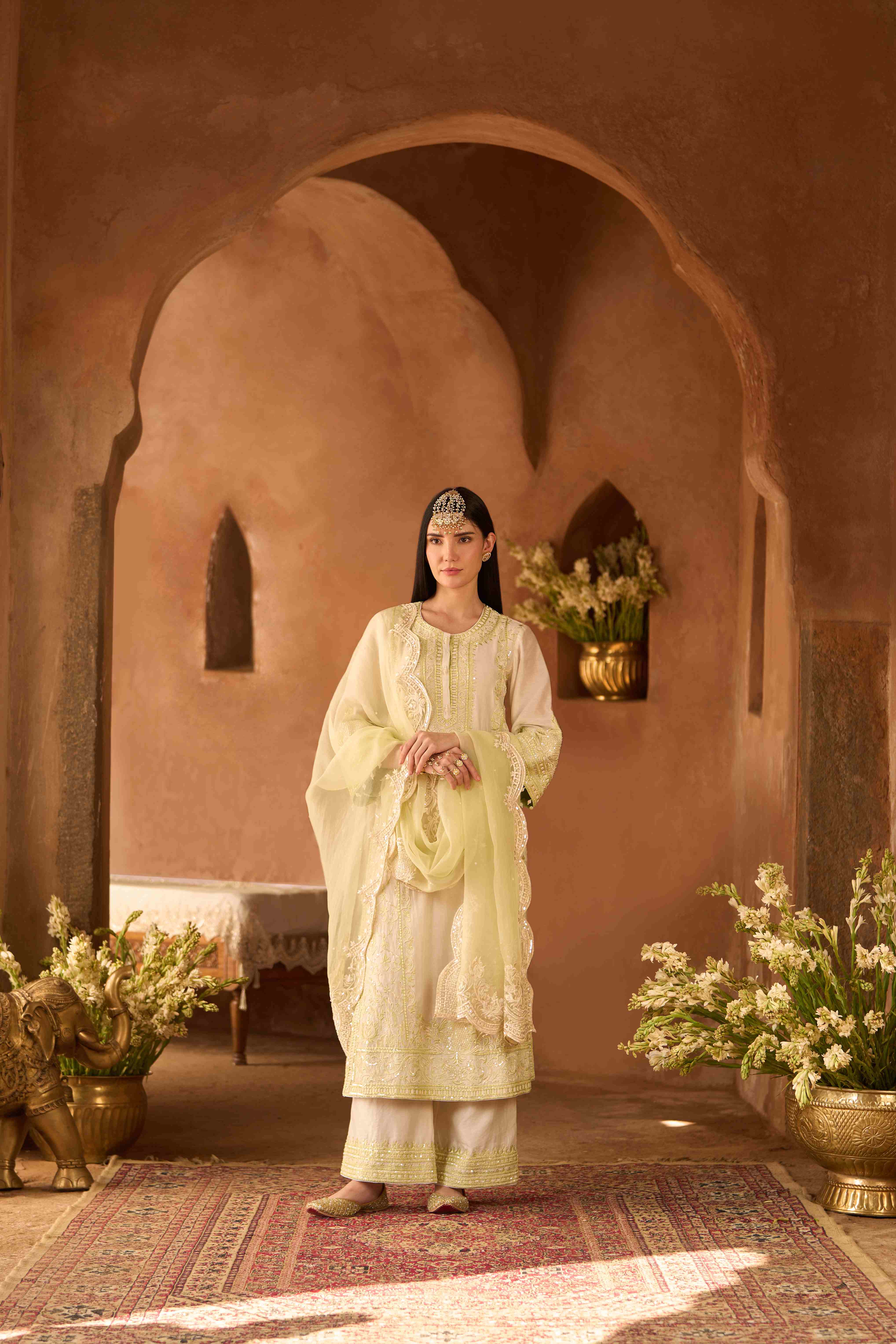 ENA - DAISY IVORY WITH MINT GREEN LONG A-LINE KURTA WITH PALAZZO AND DUPATTA