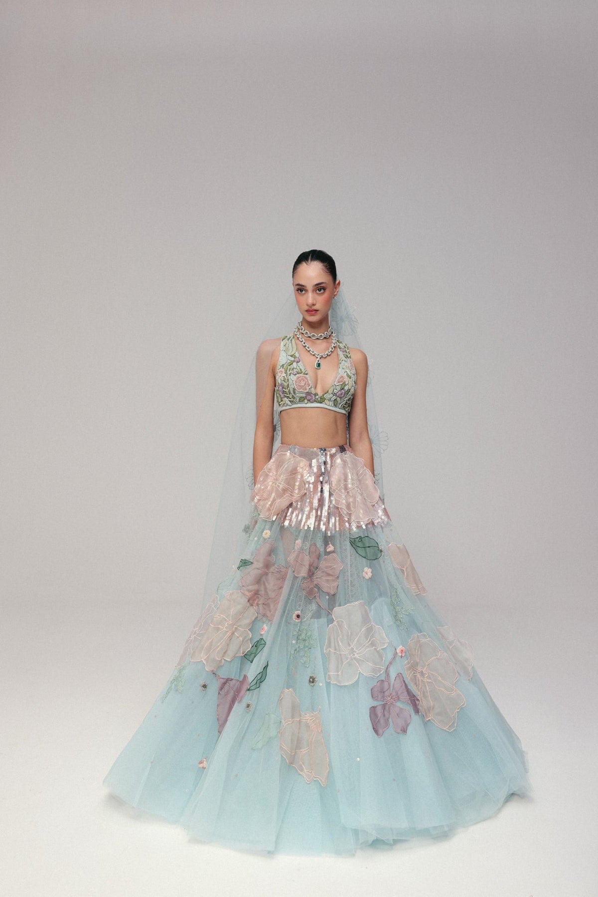 Floral & Zardosi Embroidery, Tulle & Silk with French Lace, Skirt Set, Crop Silhouette