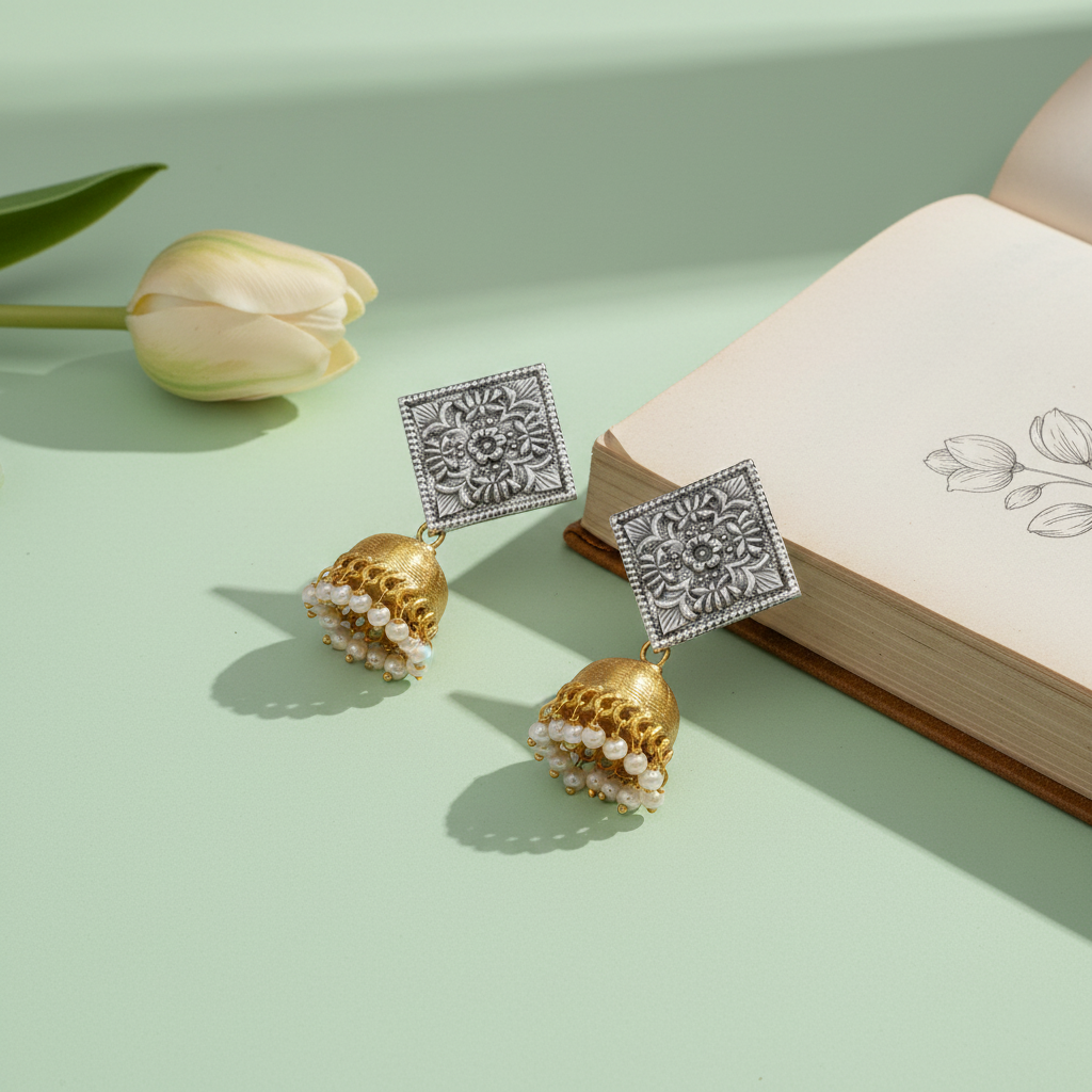 Dual Tone Silver Jhumka Earrings by Sangeeta Boochra
