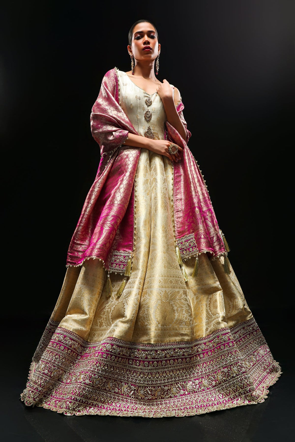 Roohani-gold-wine-banarasi-anarkali-set-with-dupatta-potli