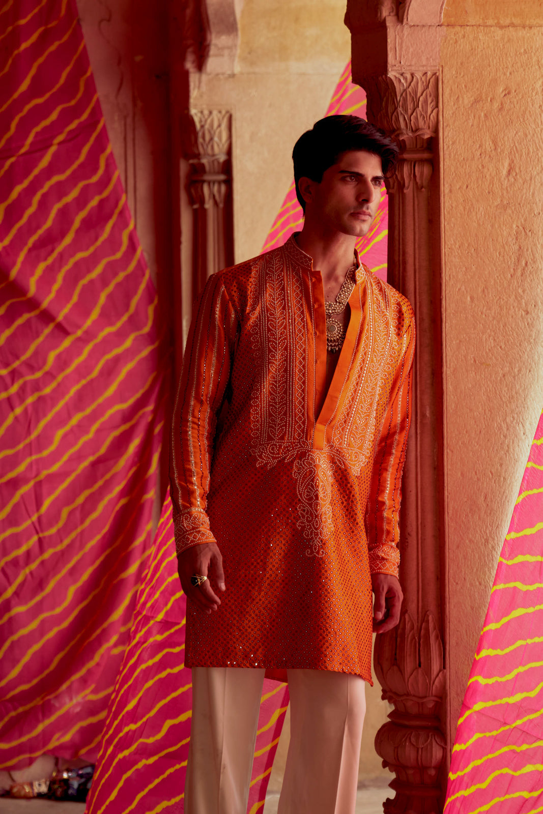 Rediant orange printed bandhej kurta set