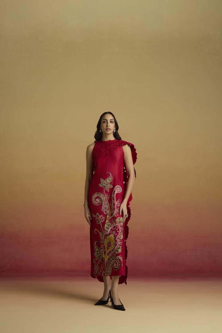 Elegant Red Chanderi Straight Dress with Cutwork Drape Detail