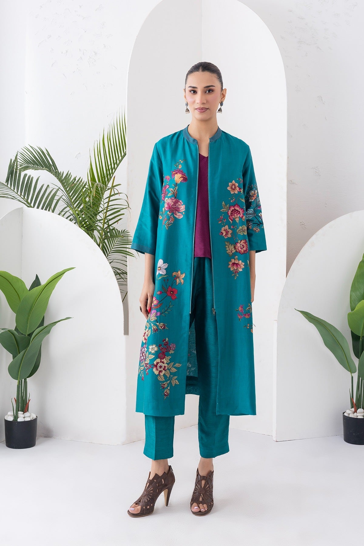 Emerald Silk Chanderi Floral Printed Front-Zip Dress Set (3 PCS)