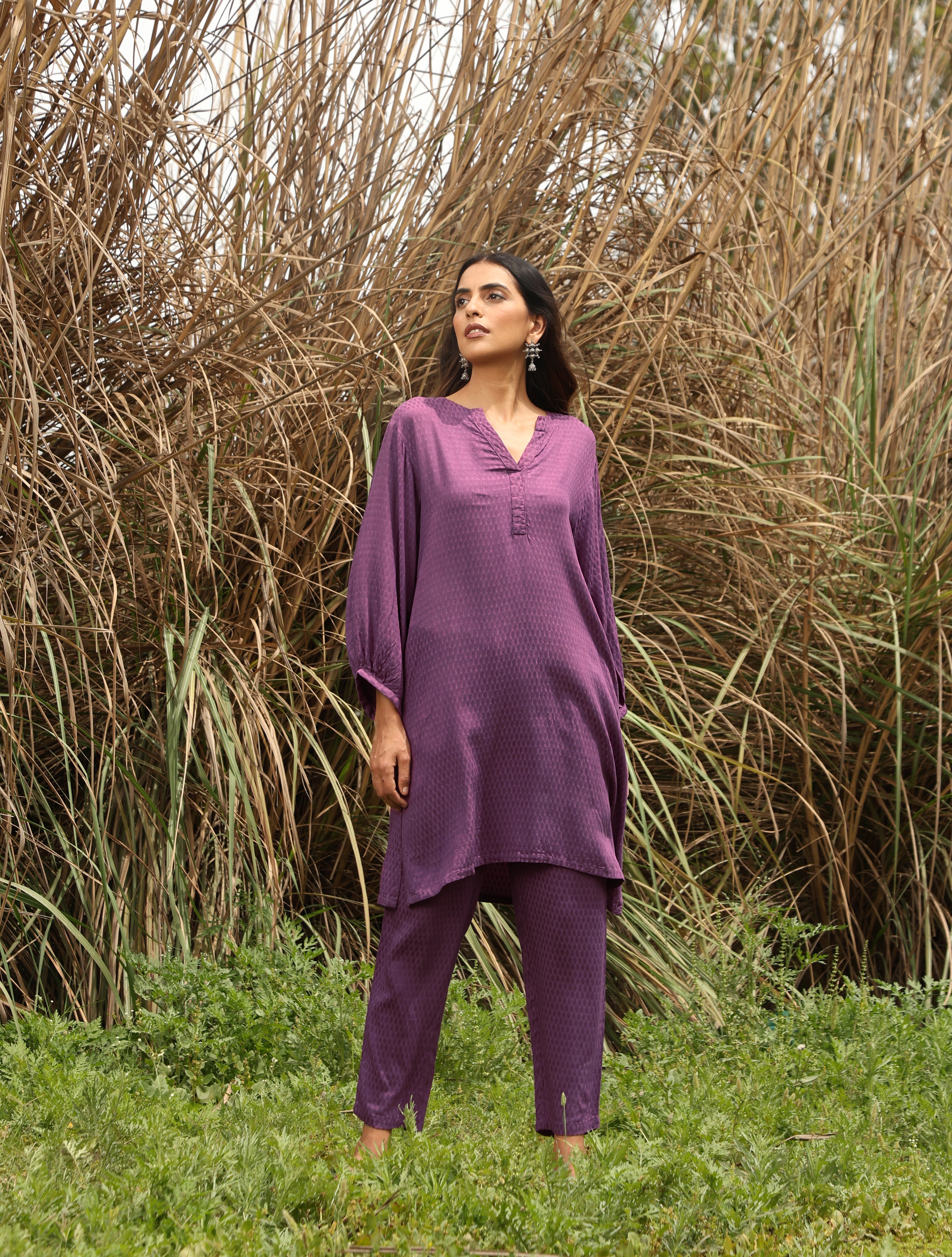 trueBrowns Purple Viscose Dobby Relaxed Co-ord Set