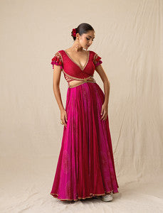 Fuchsia pink printed bandhej gown