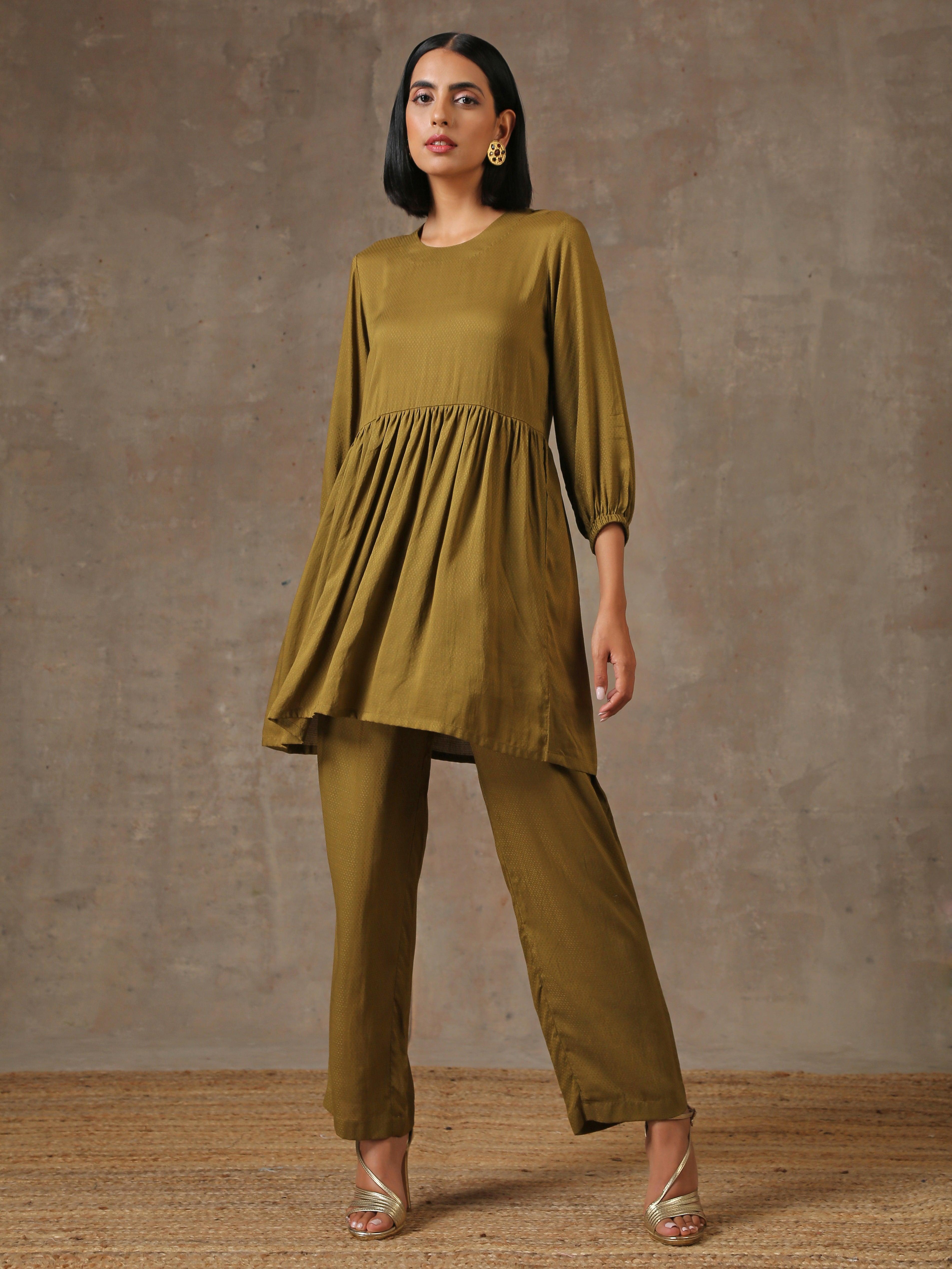 The Queen - Olive Green Solid Gathered Co-Ord Set - trueBrowns