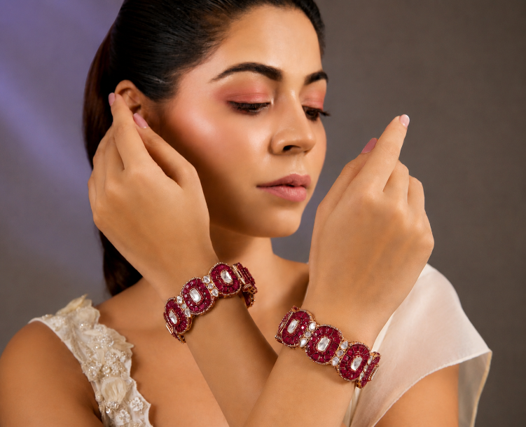 Pink Moissanite Polki Statement Kada Bangle Pair