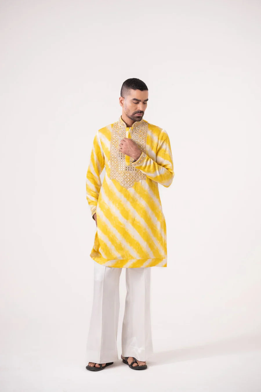 Yellow Leheriya Silk Kurta