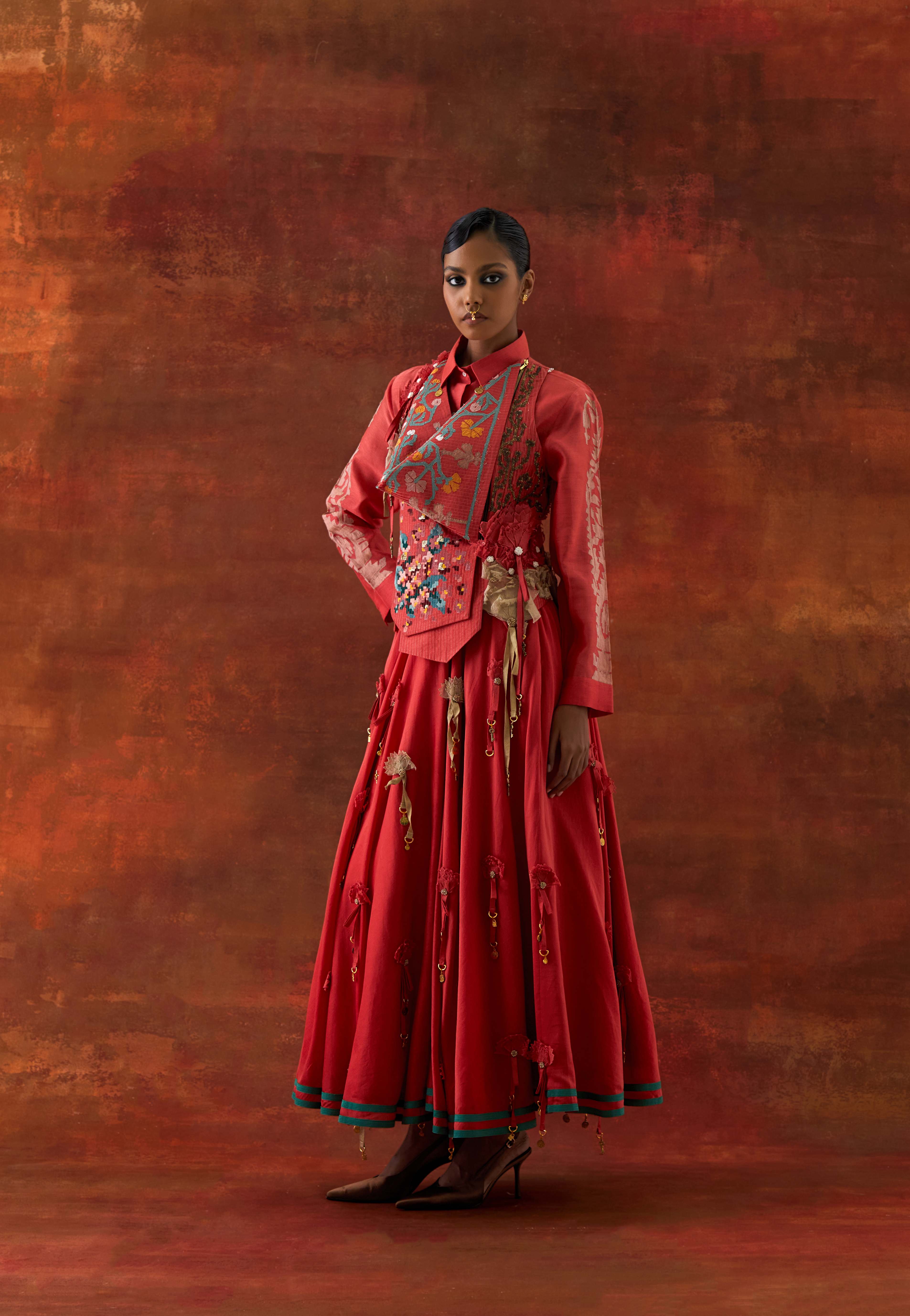 EMB ENGINEERED COWL RACER BACK JACKET + SHIRT WITH EMB BOOTA SLEEVES AND 3D FLOWER SKIRT - image 1