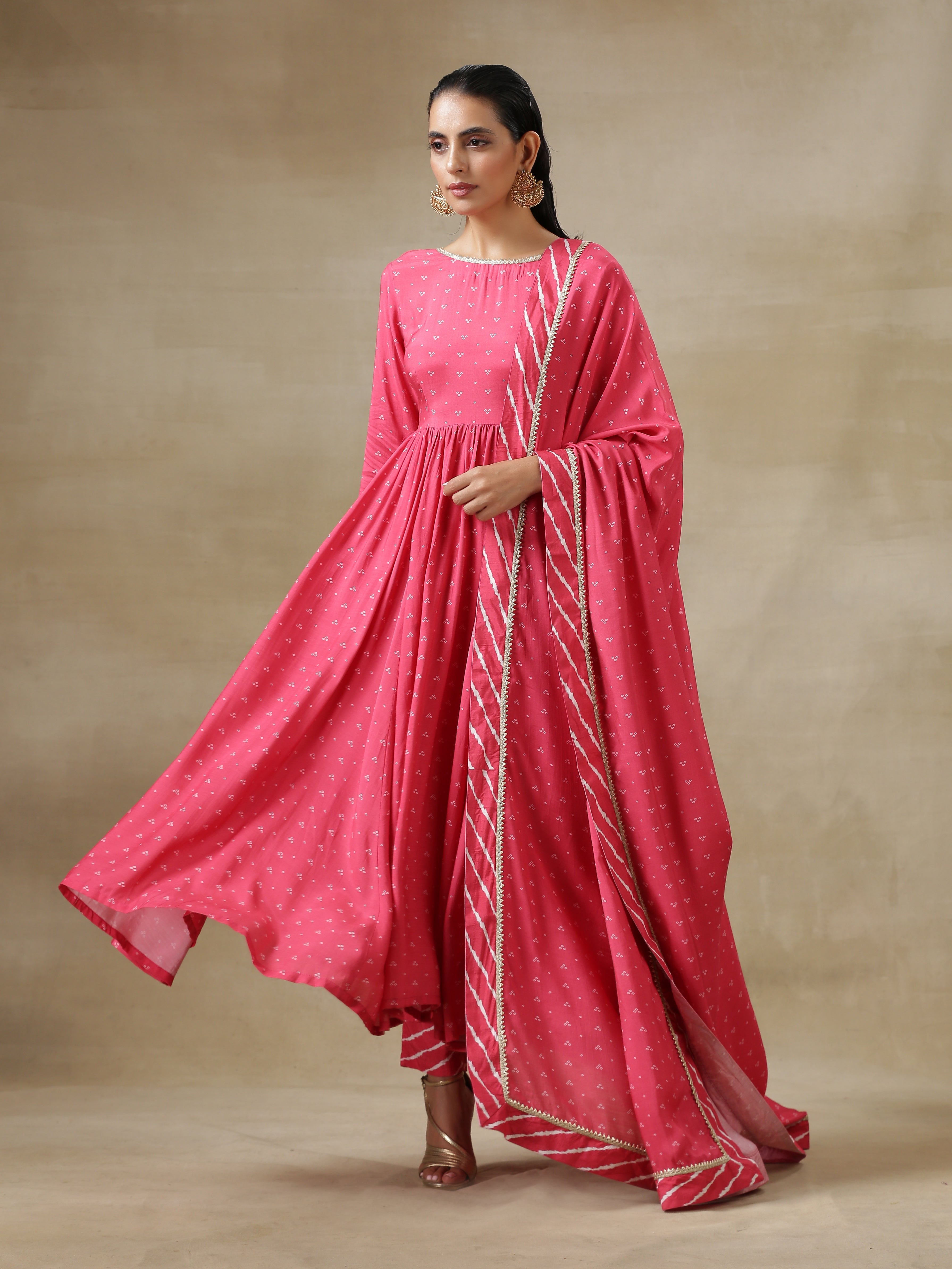 Pink Bandhani Printed Silk Arkali Kurta Pant Dupatta Set