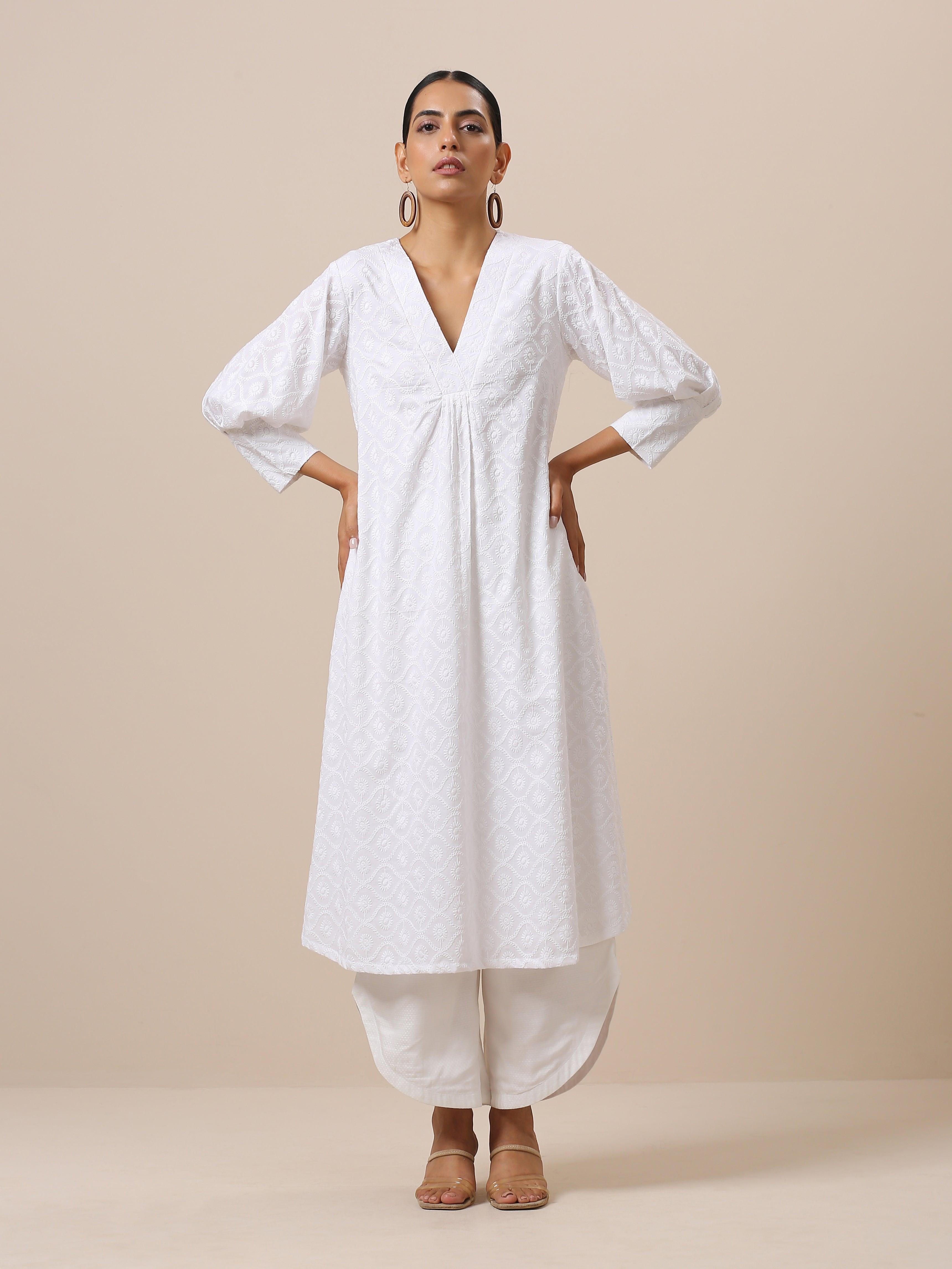 Cotton White Embroidered Slit Kurta Pant Set - trueBrowns
