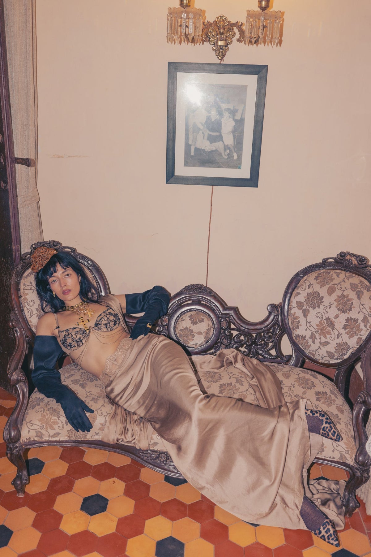 Black & Gold Taupe, Bead Embroidery, Tulle & Silk, Pre-Stitched Sari Set, Bralette Silhouette