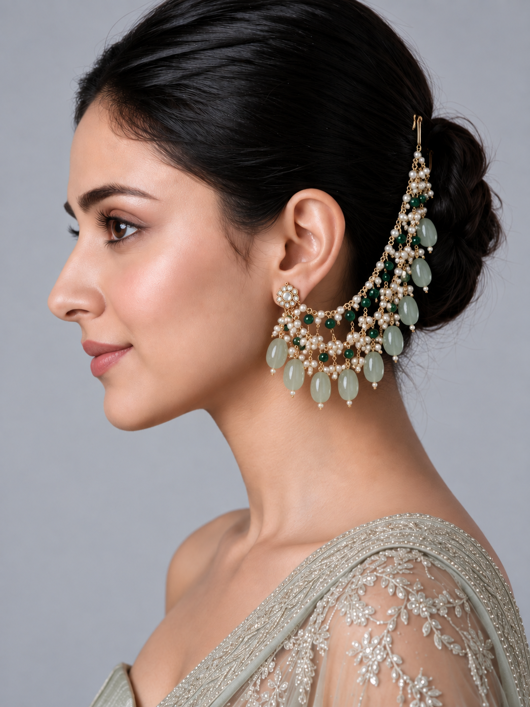 Sage Green Pearl Layered Ear Chain