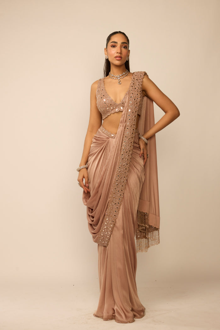 Bronze Ros� Satin Draped Saree Set