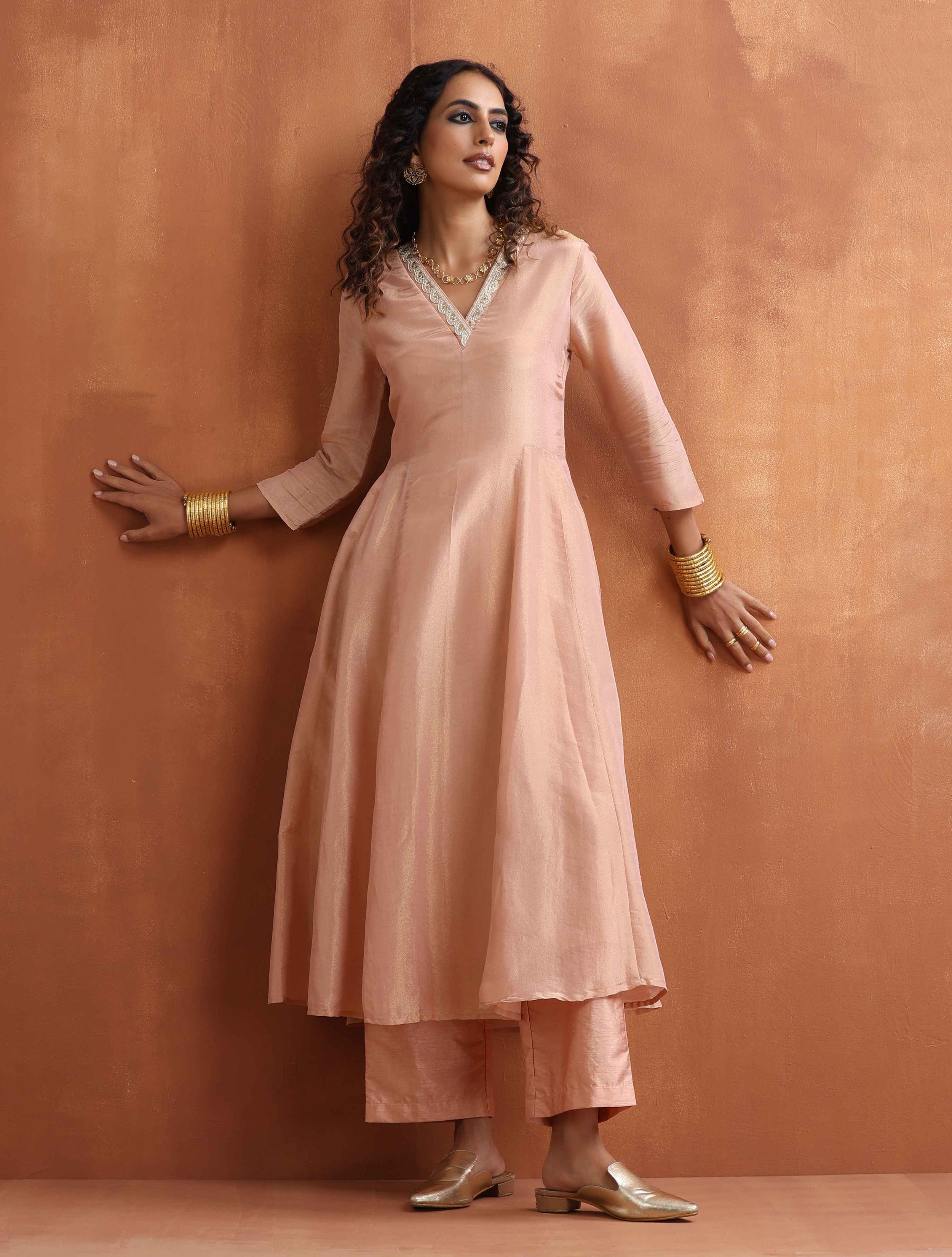 trueBrowns Blush Pink Tissue Flared Arkali Kurta Set