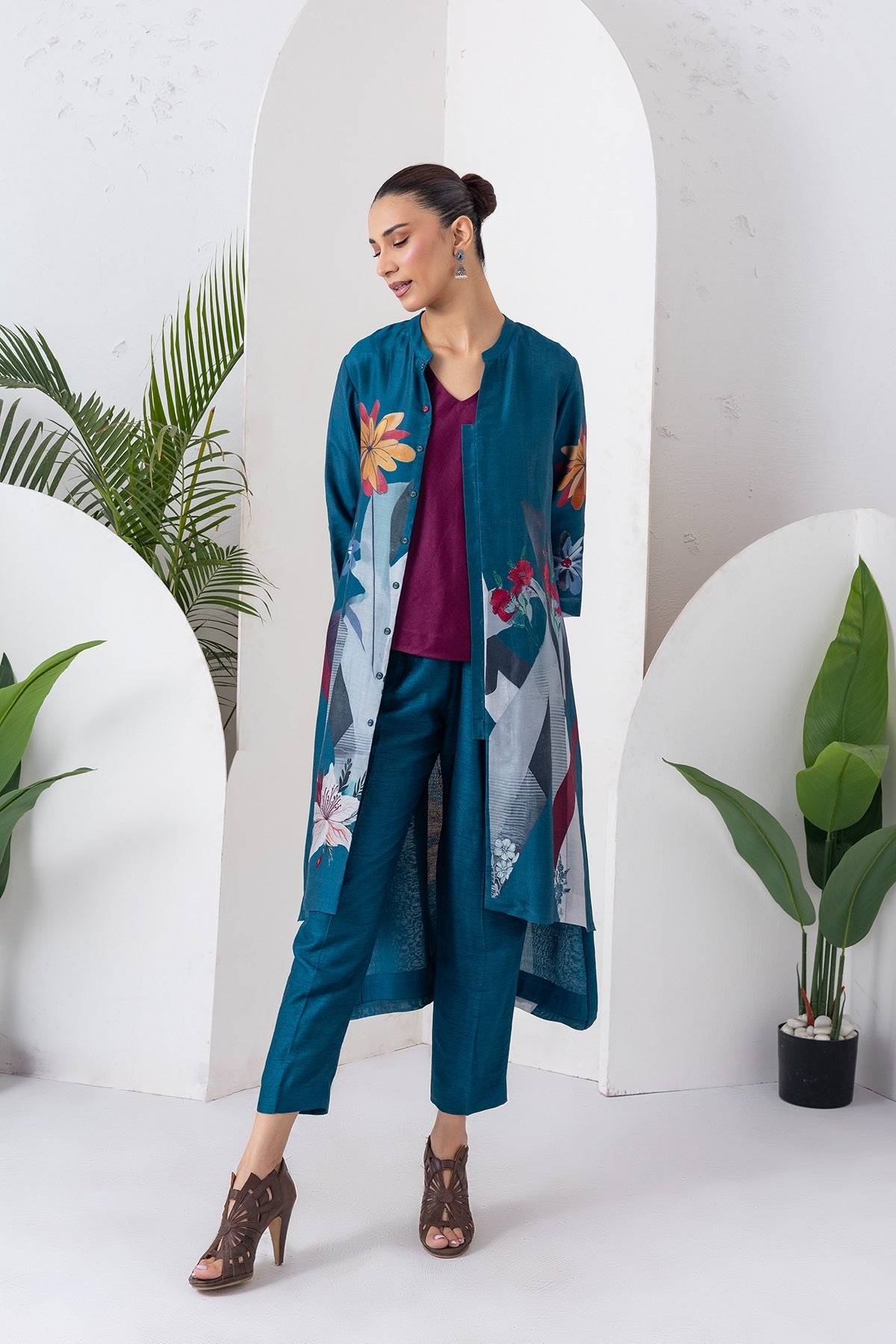 Indigo Silk Chanderi Printed High-Low Dress Set (3 PCS)