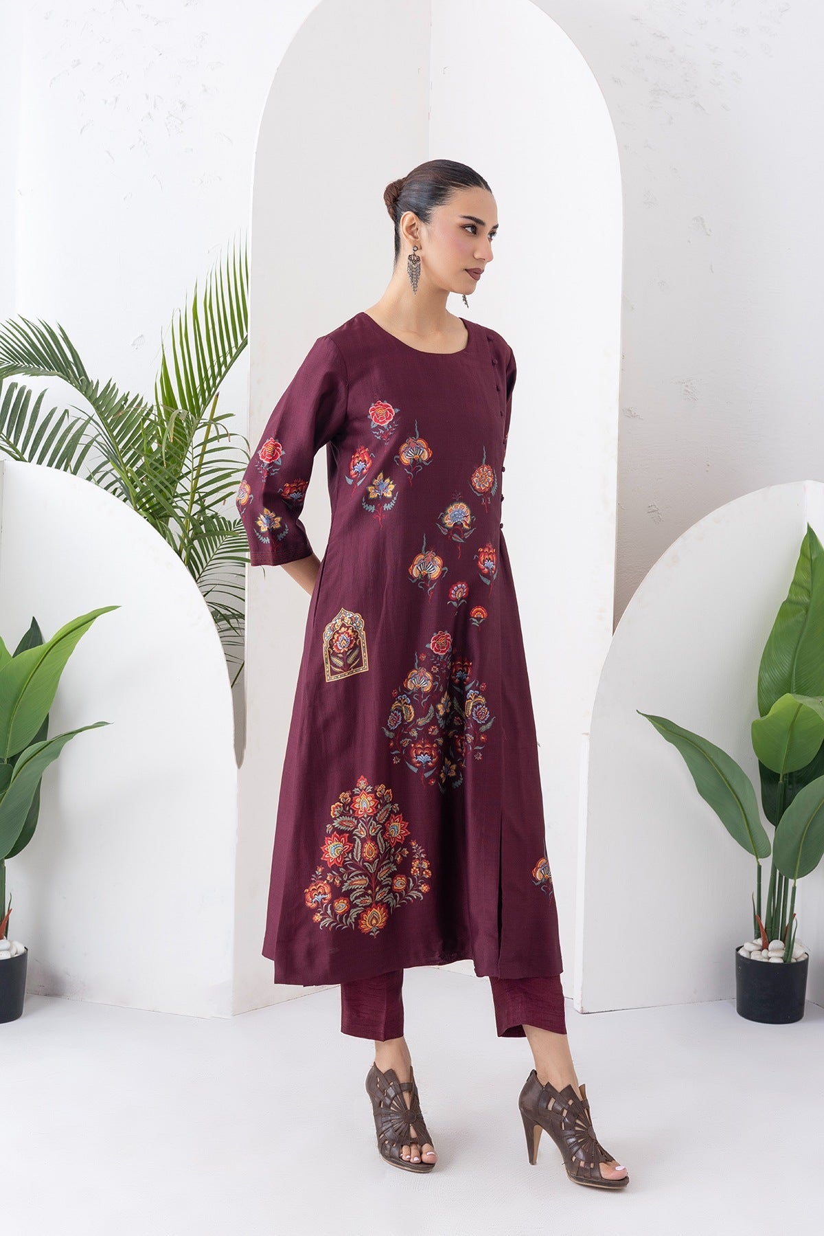 Chocolate Brown Silk Chanderi Printed Side Panel Dress Set (2 PCS)