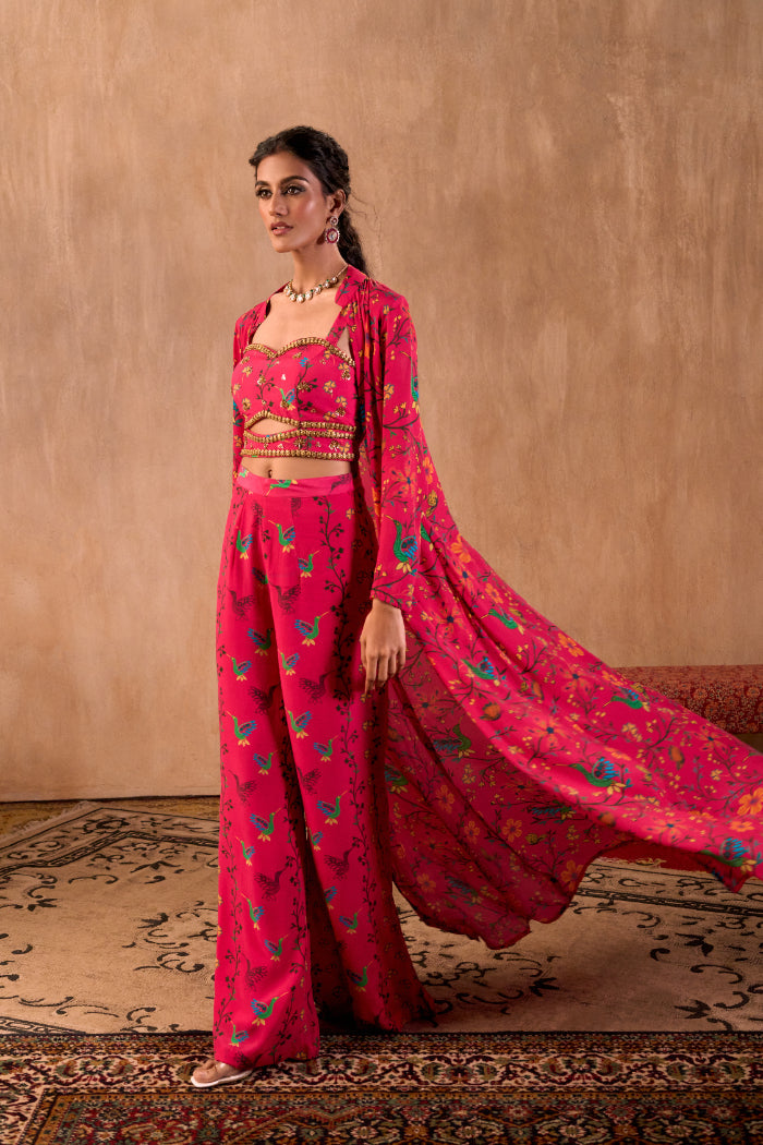 PINK PRINT EMBROIDERED CHOLI, PANTS AND JACKET SET