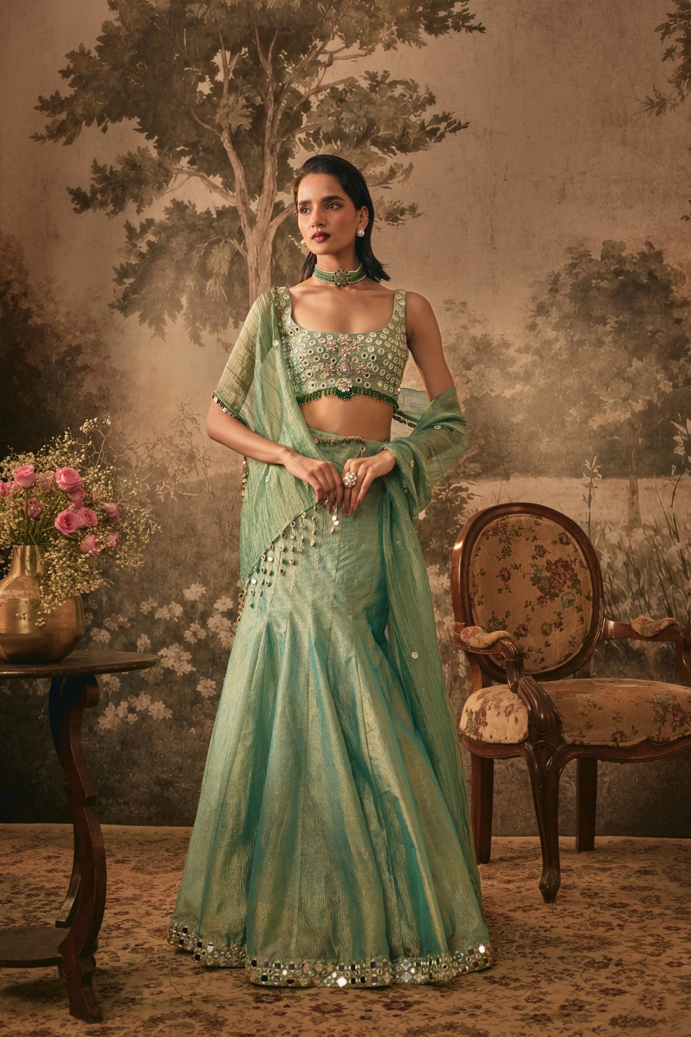 TISSUE,MIRROR AND JEWEL EMBROIDERED LEHENGA SET