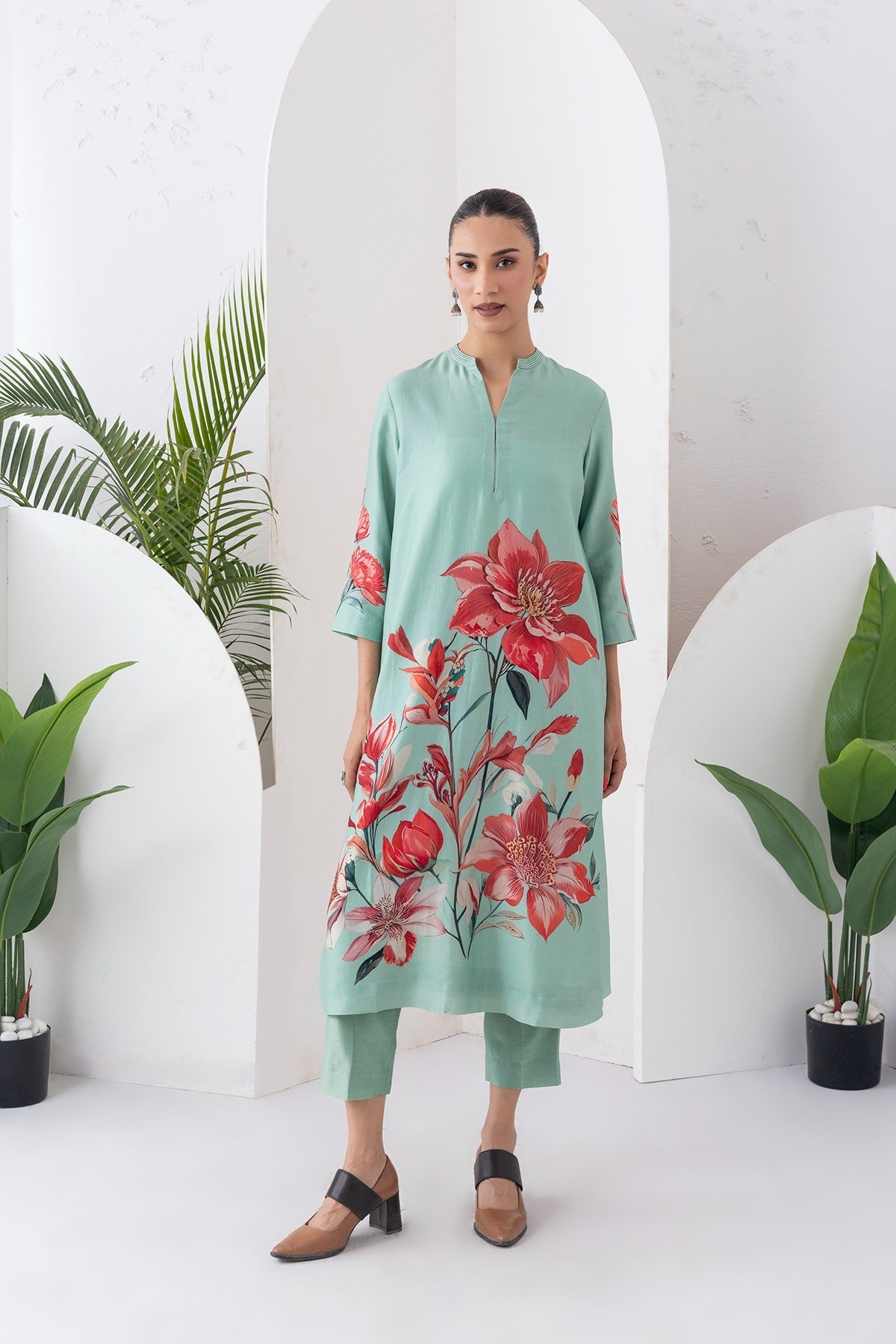 Mint Green Silk Chanderi Bloom-Inspired Printed Tunic Set (2 PCS)