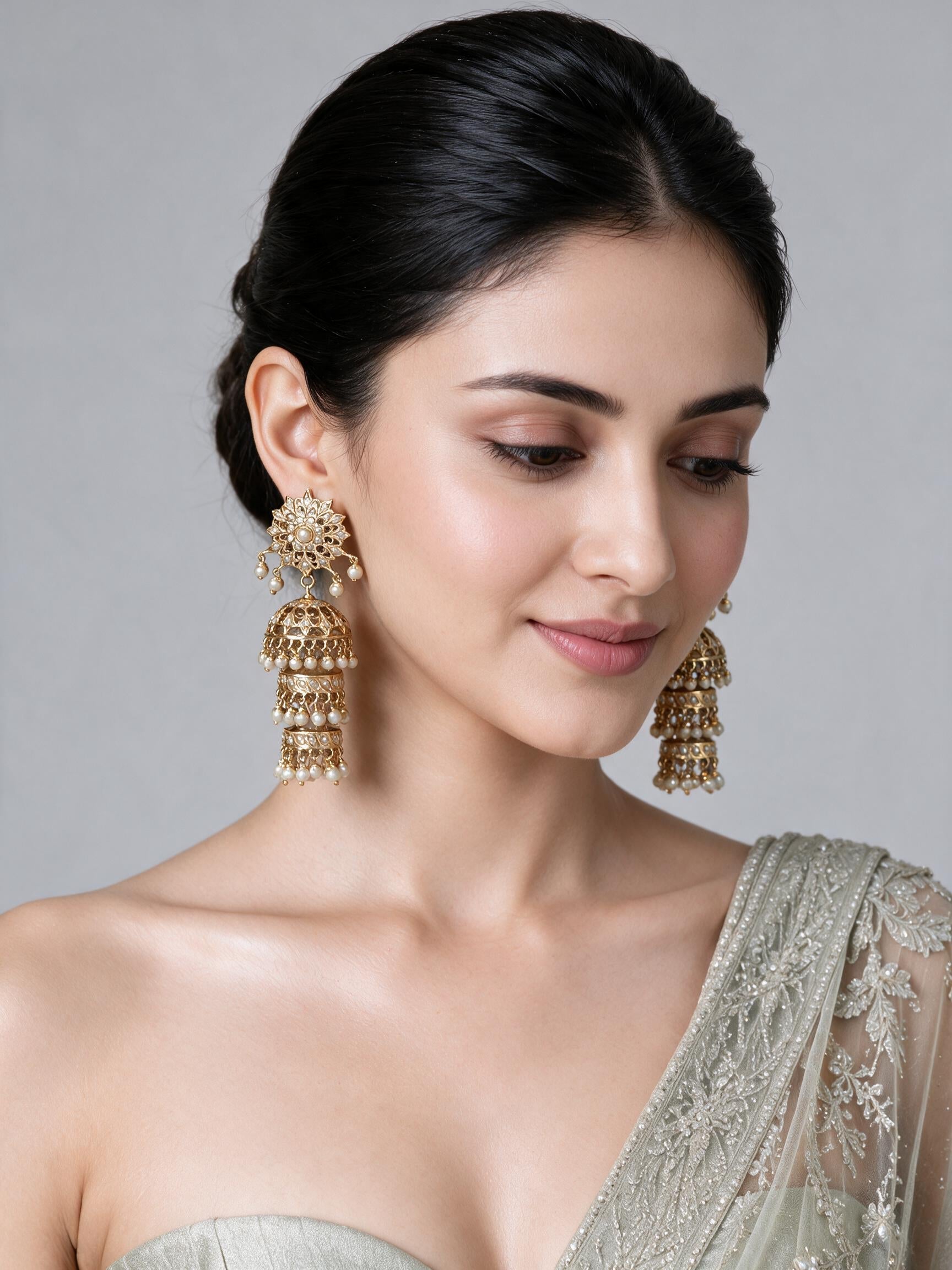 Three-Layer Jadau Pearl Jhumka Earrings