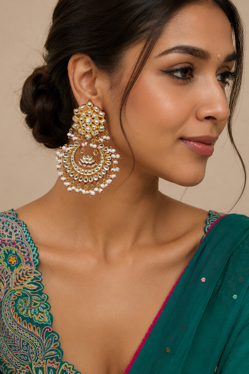 Gold-Plated Jaipuri Kundan Pearl Chandbali earring
