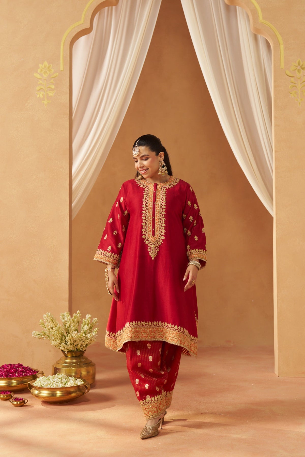 Zeenal Deep Red A-Line Kaaftan with Salwar with Dupatta