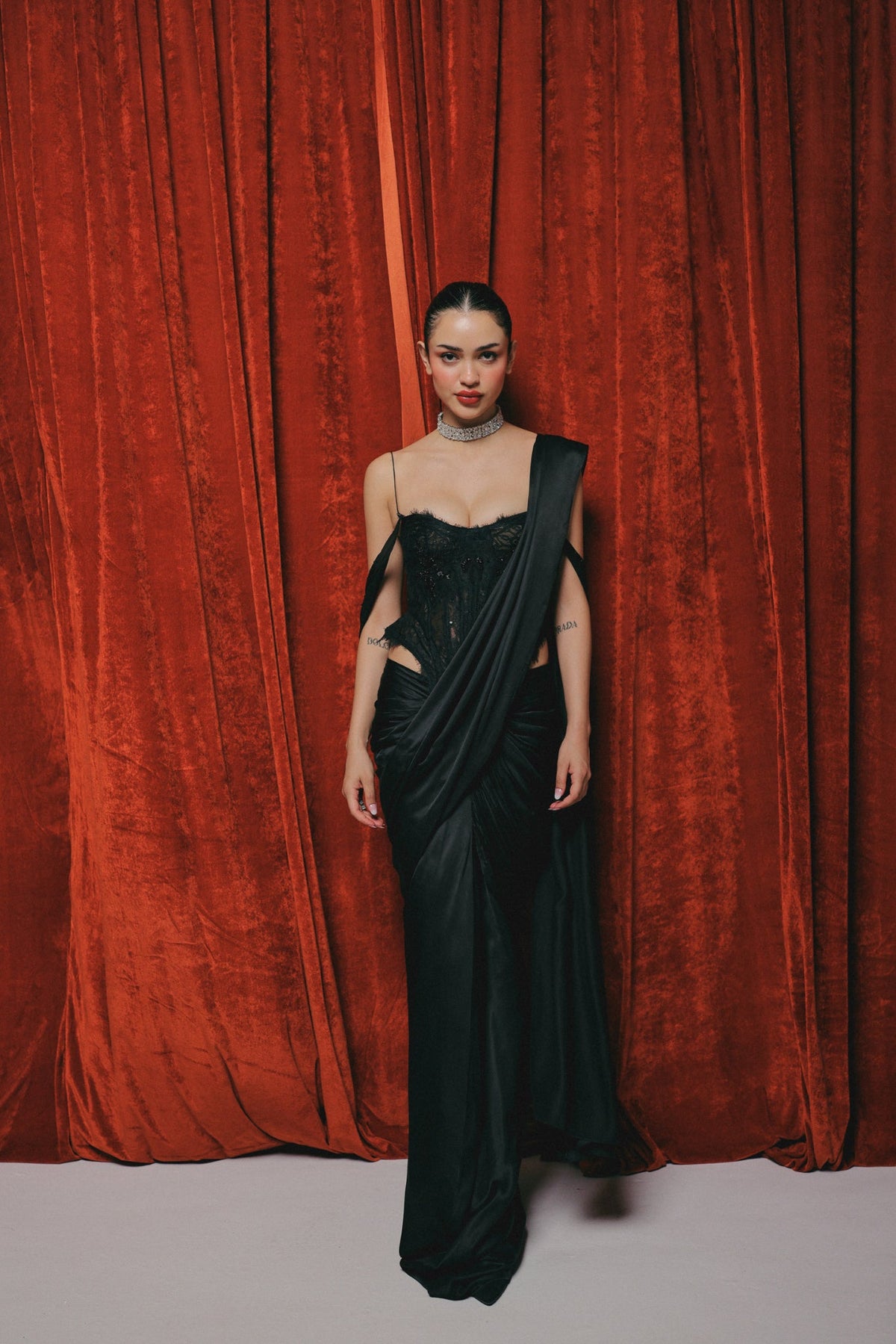 Black, Zardosi Embroidery, French Lace & Silk, Pre-Stitched Sari Set, Corset Silhouette