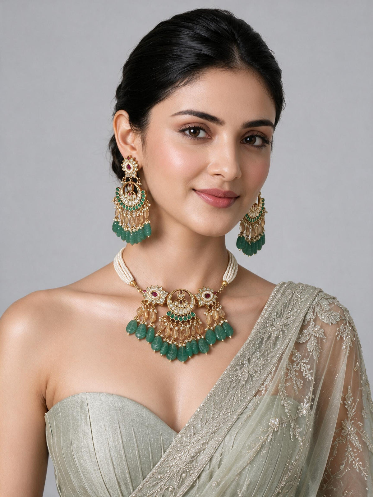 Emerald Carved Beaded Kundan Necklace Set