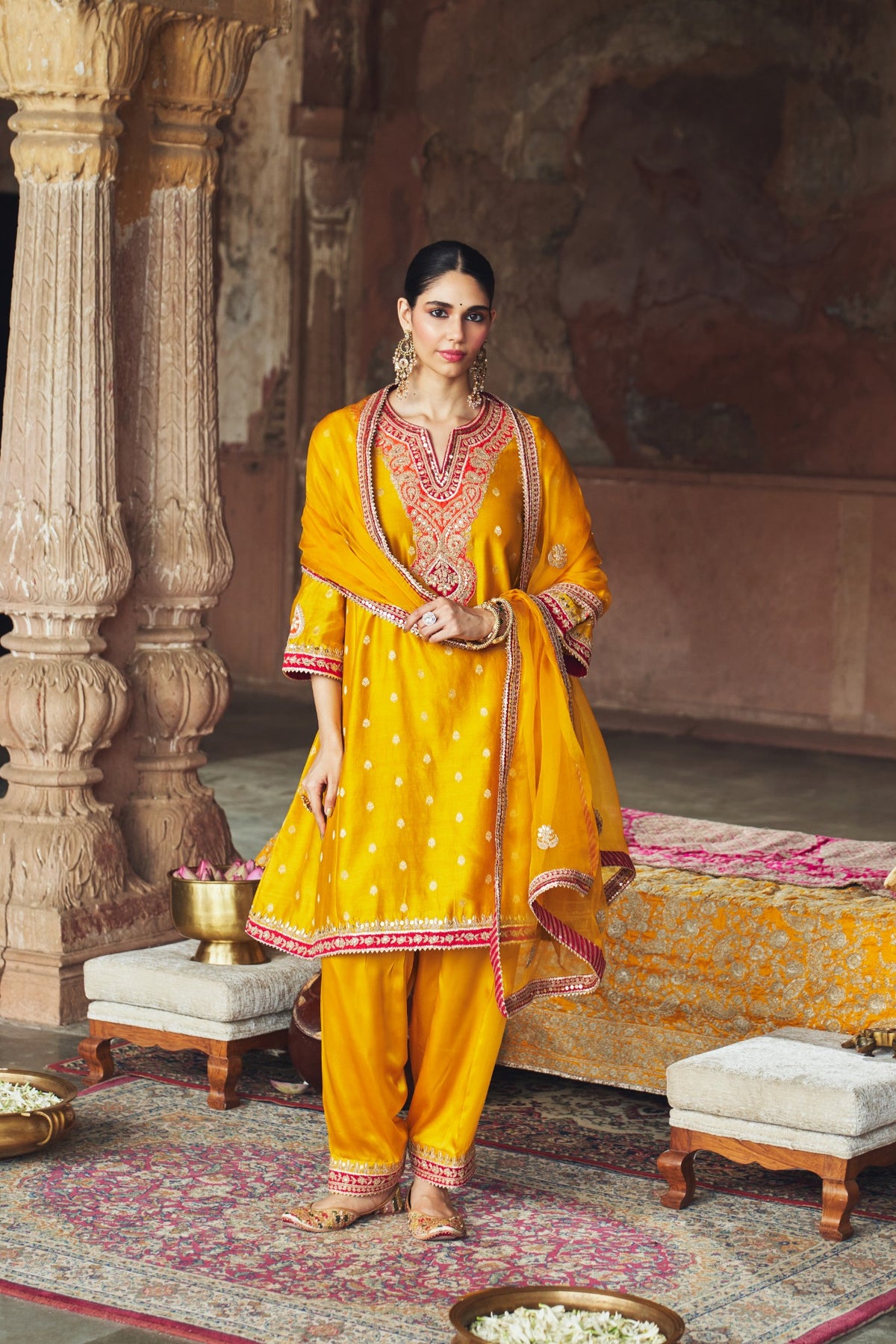 Mustard Silk Chanderi Banarasi Chauga Kurta with Dogri Salwar Set