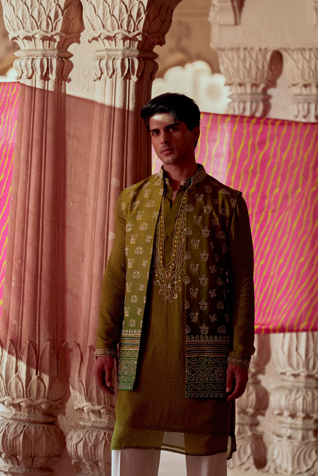 Green bandhej printed bandi set