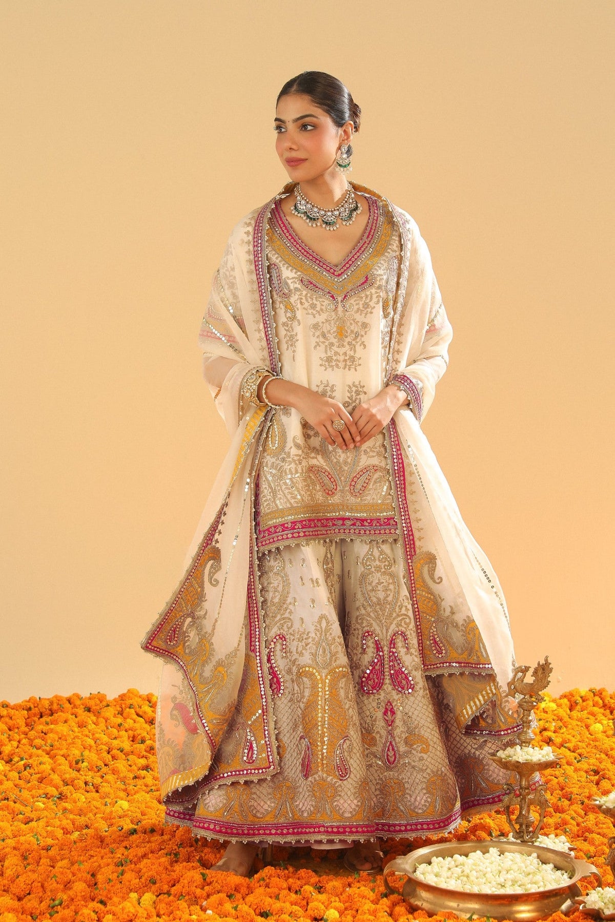 Sadiya - Daisy Ivory Short Kurta with Sharara and Dupatta