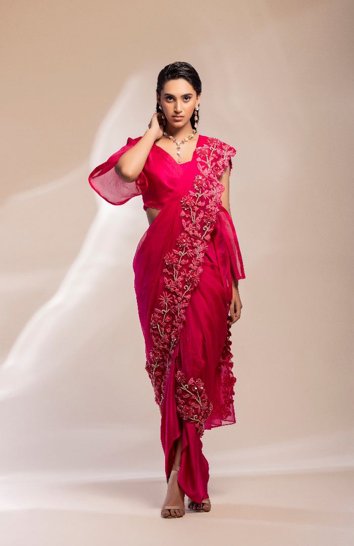 Fusion stitched saree drape with a blouse and half jacket