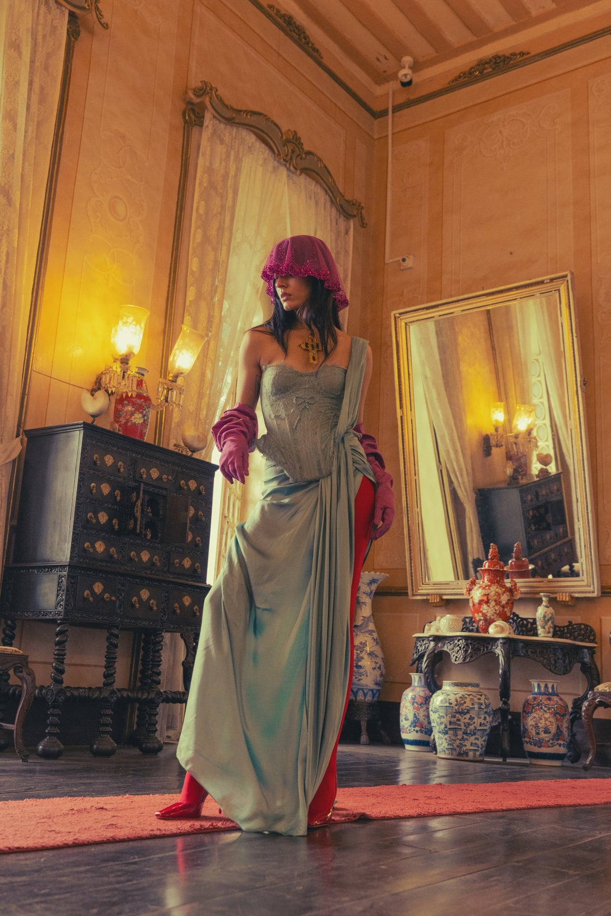 Blue, Zardosi Embroidery, French Lace & Silk Satin, Corset Sari Set, Pre-Pleated Silhouette
