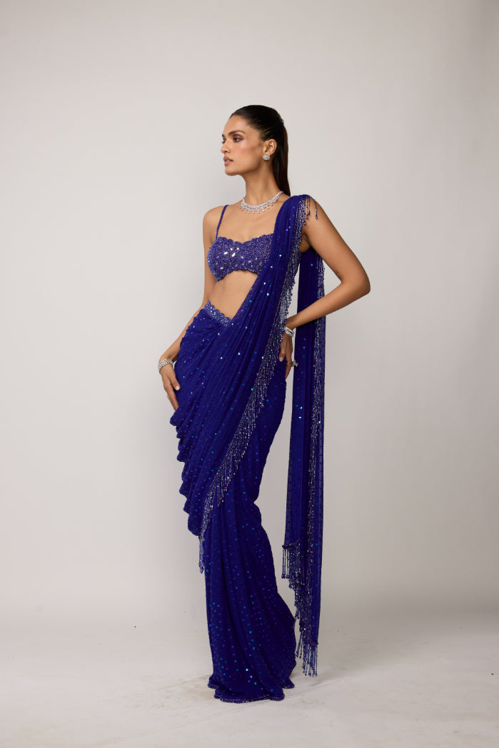 Cocktail Blue Sequins Embroidered Saree Set