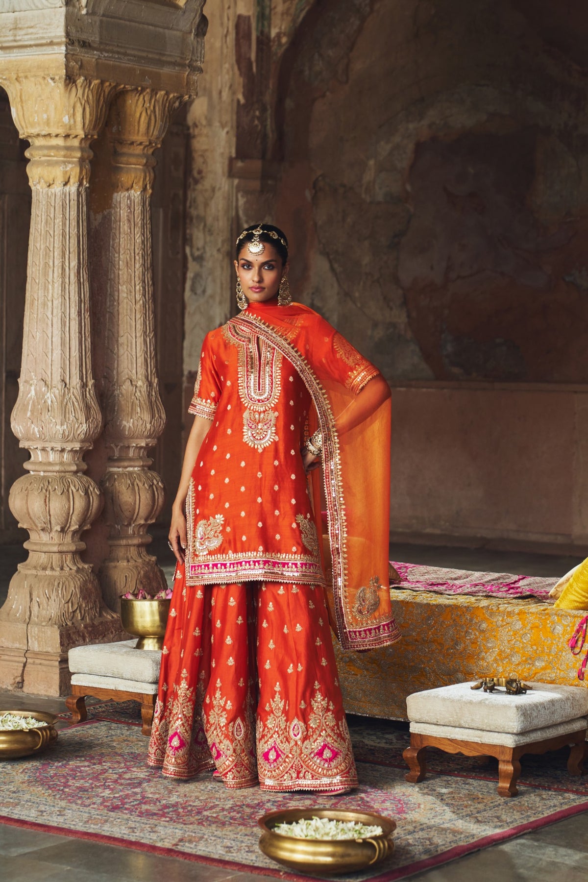 Burnt Orange Banarasi Short Kurta Sharara Set with Dupatta