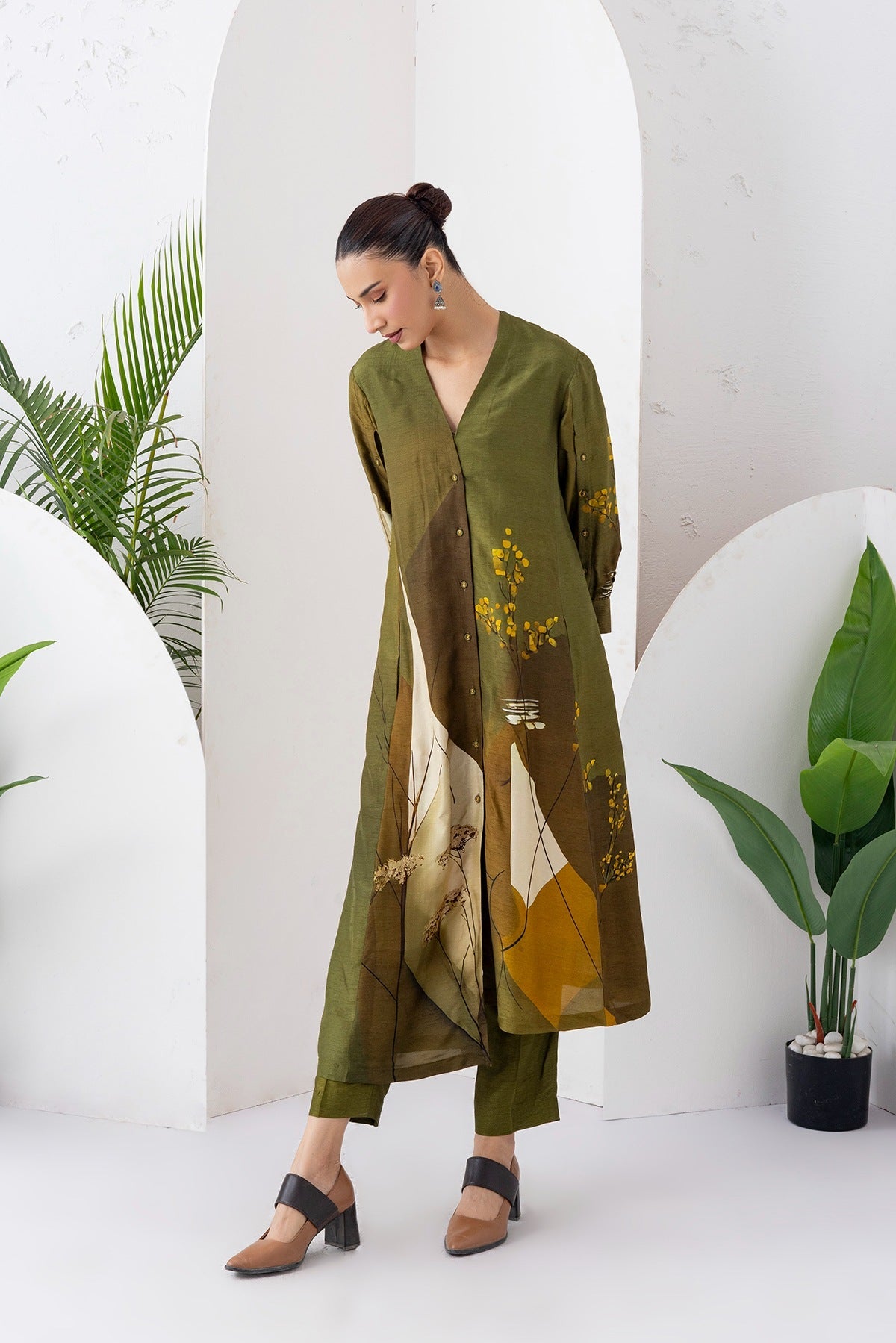 Moss Green Shaded Viscose Dupion Printed High-Low Dress Set (2 PCS)