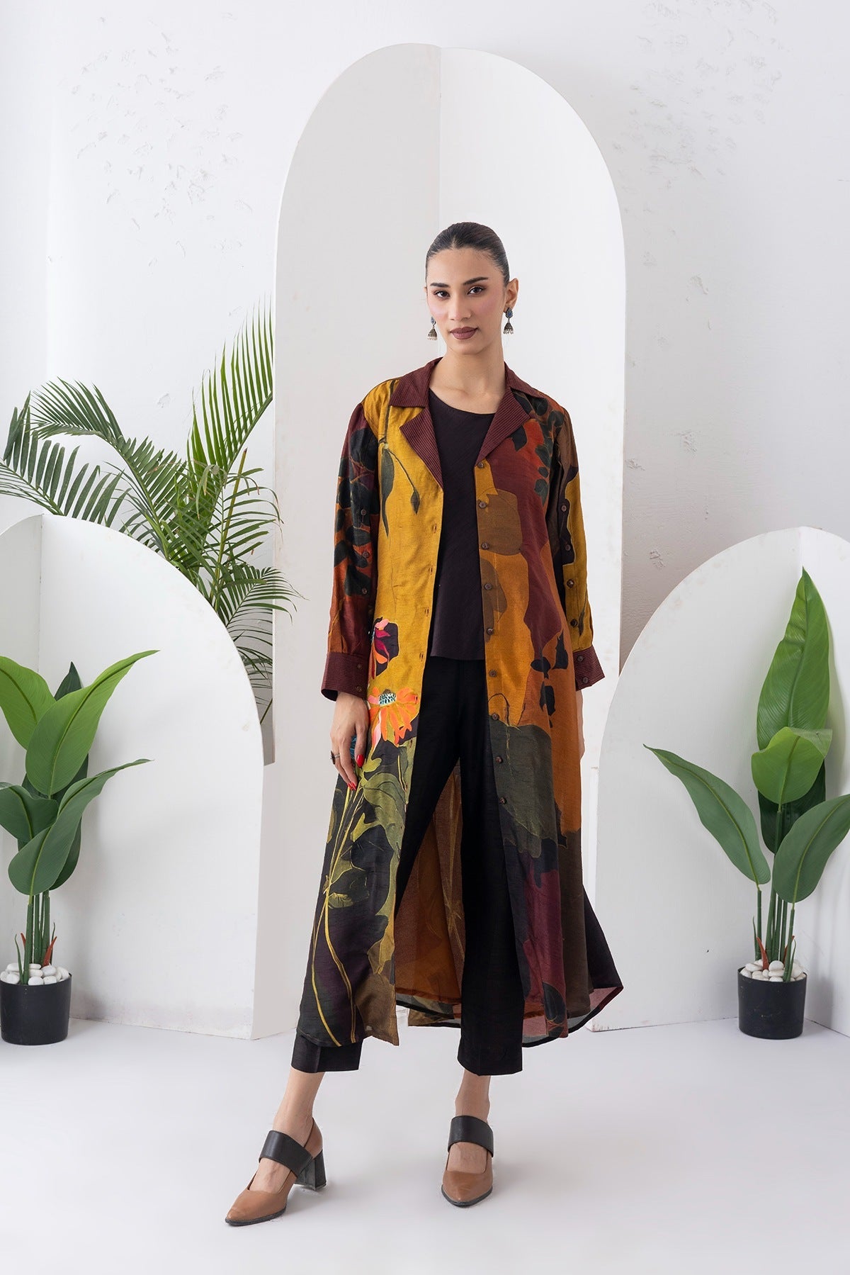 Mustard & Brown Viscose Dupion Printed Front Open Dress Set (3 PCS)