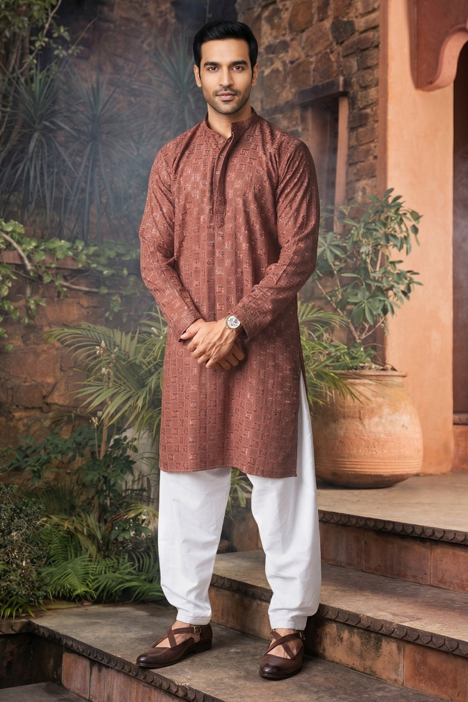 Men's Viscose Rayon Cream Designer Embroidery Work Kurta with payjama