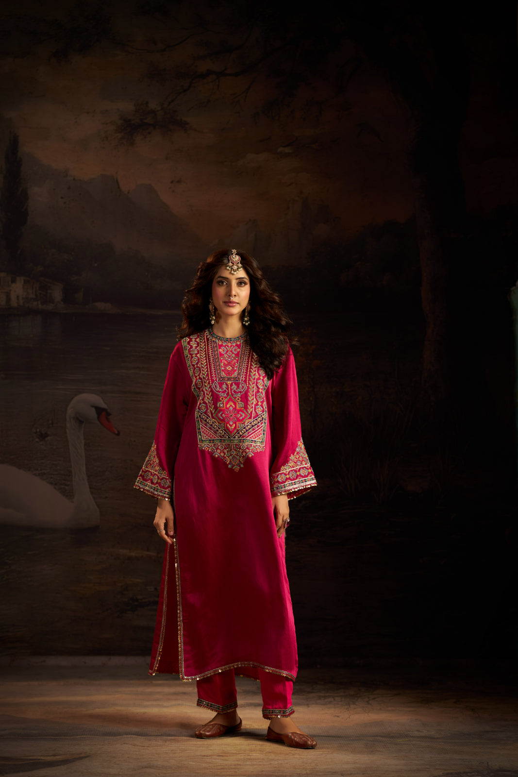 Magenta Pink & pink hand embroidered pakistani kurti set