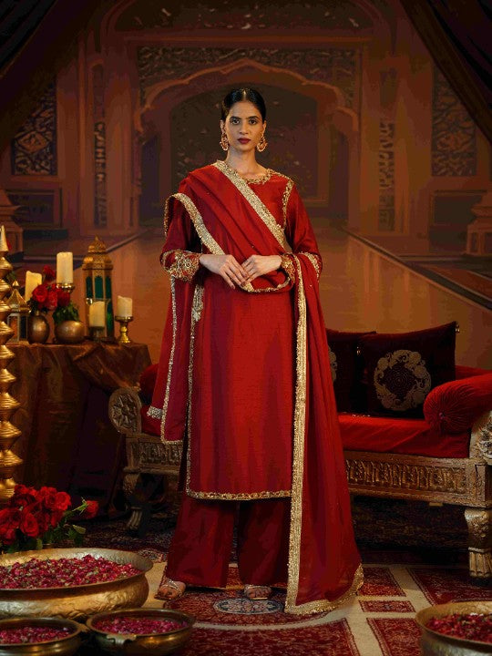 deep red raw silk suit set - image 1