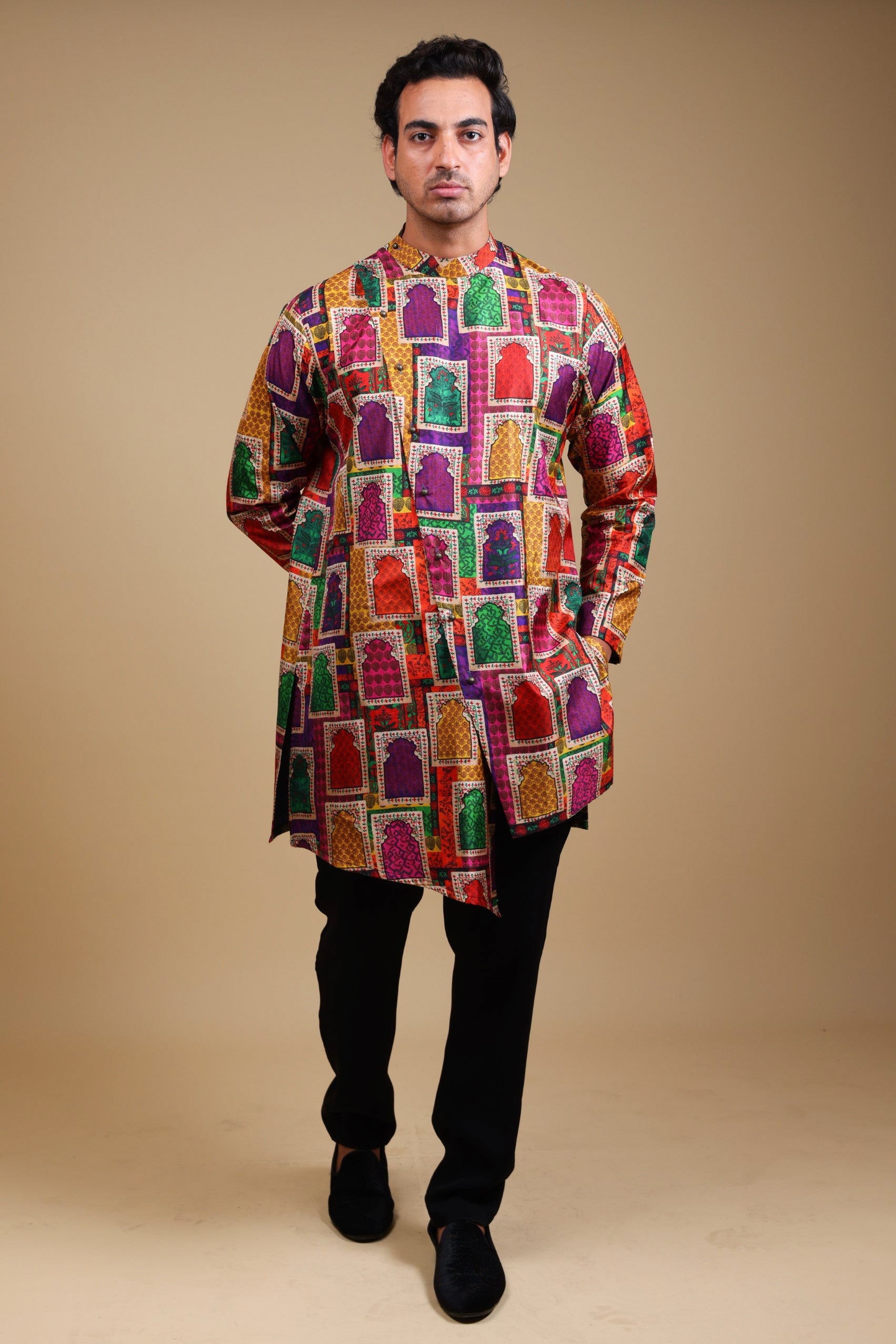 Stylish Jharoka Print asymmetrical
 kurta with pants