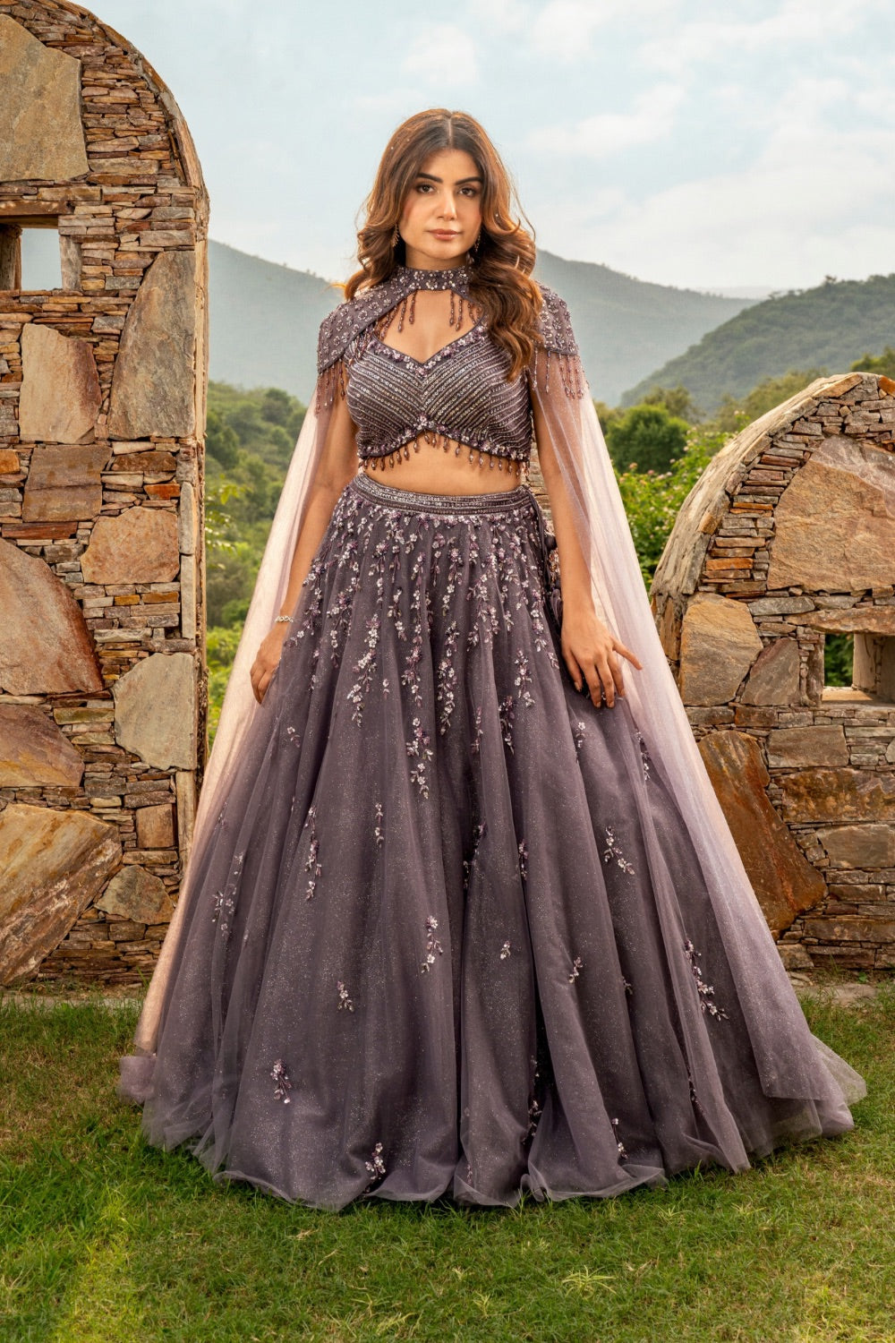 Ash purple net lehenga choli with sequins and cut dana work