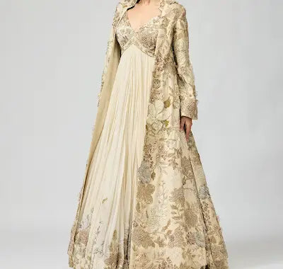 Ivory Embellished Anarkali Set in Silk GGT for Festive Occasions