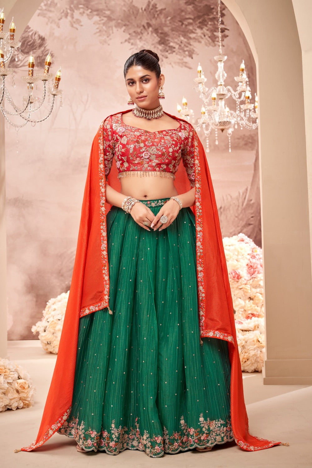 Tricolour crush tissue lehenga choli with machine work