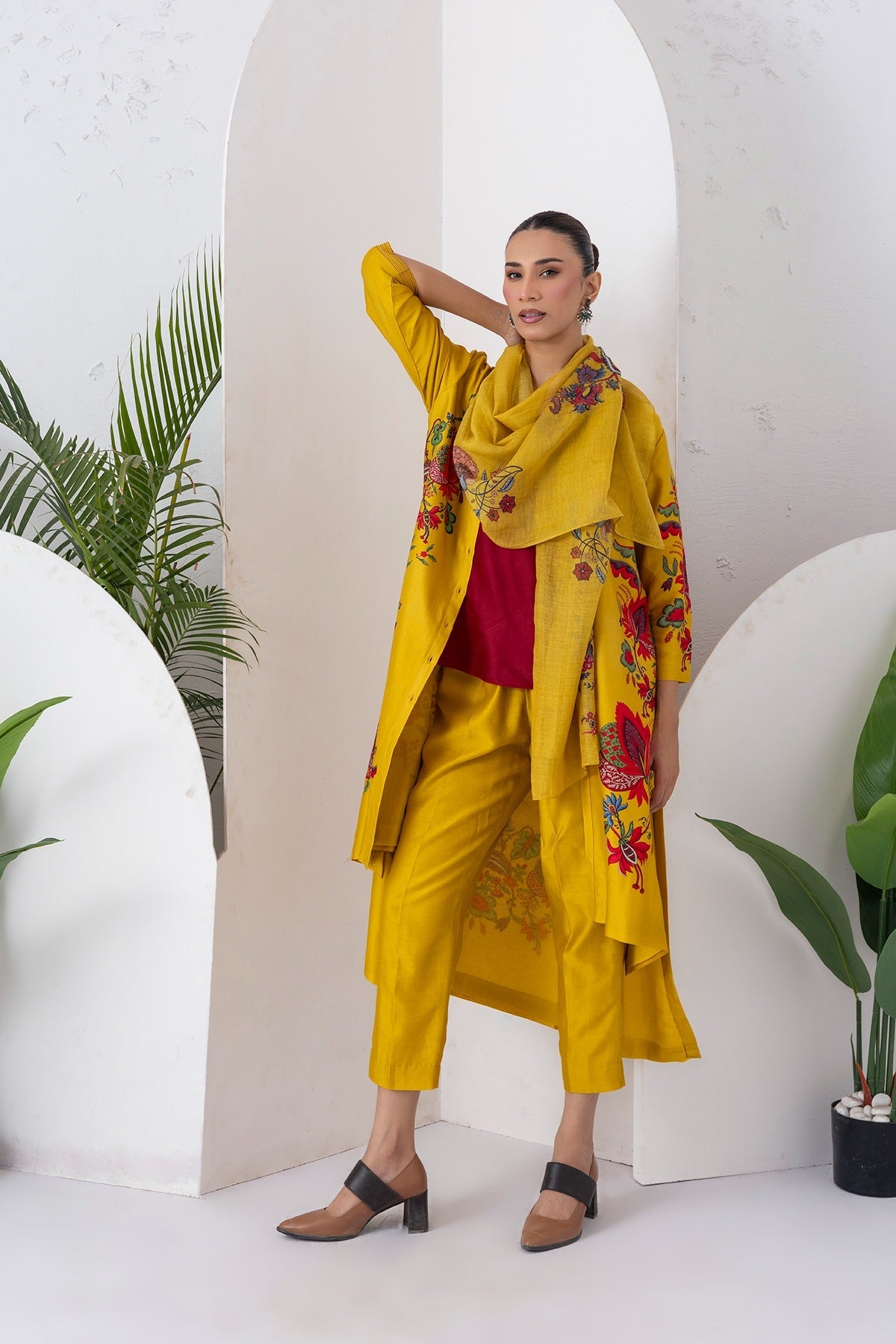 Yellow Silk Chanderi Printed Front Open Floral High-Low Dress Set (3 PCS)