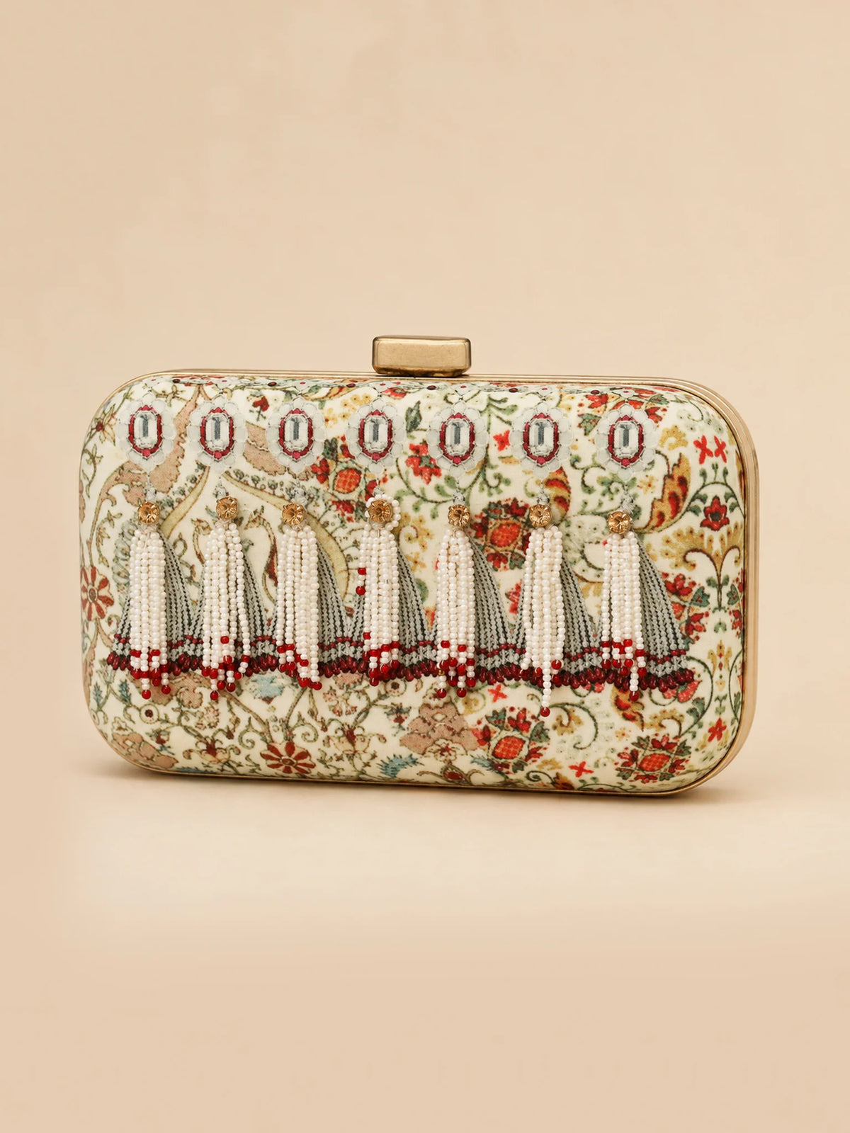 Ivory Floral Print Jewel Clutch Bag with Pearl Tassel