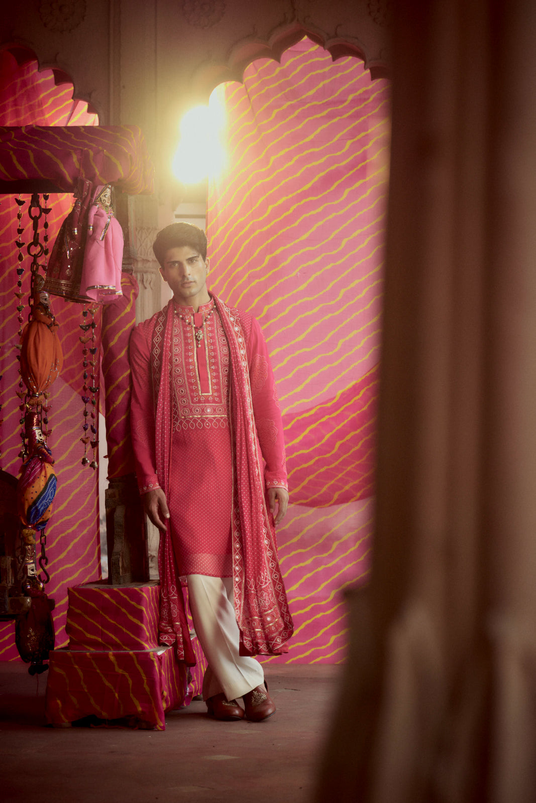 Rani pink bandhej Printed kurta set